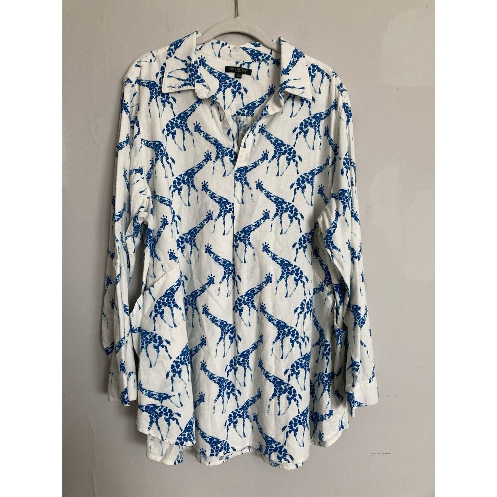 For Cynthia Giraffe Print Linen Blend Tunic Top 1X White Blue Lagenlook